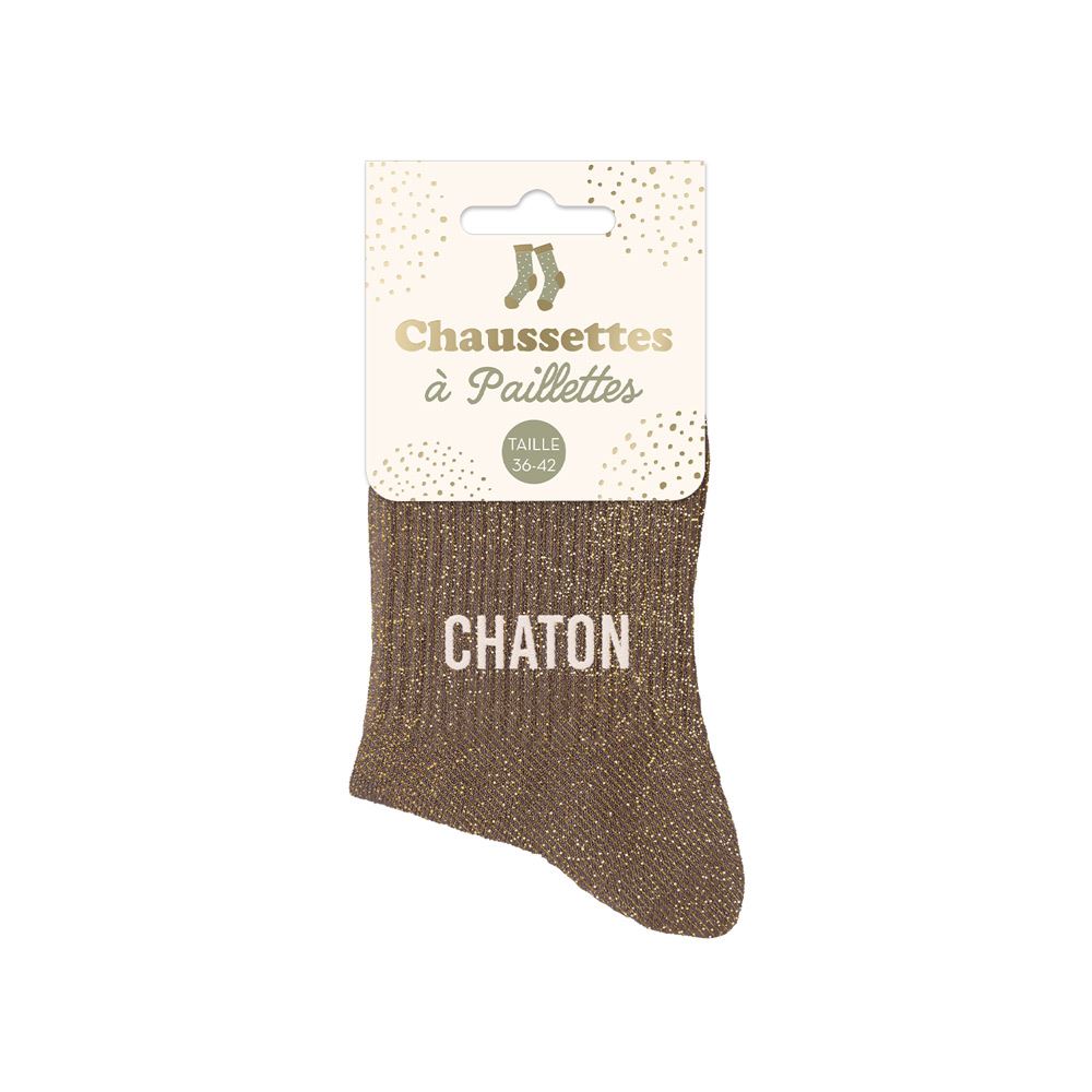 Chaussettes paillettes chaton marron
