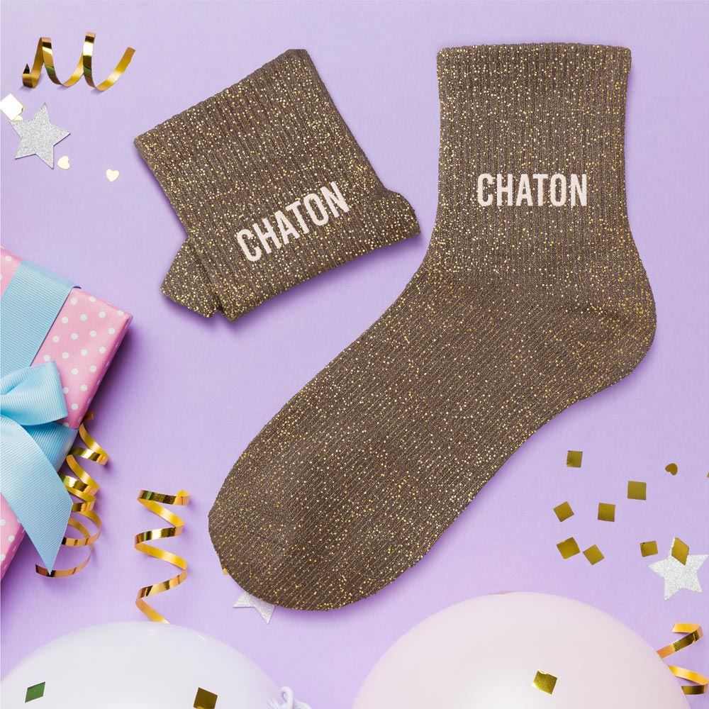 Chaussettes paillettes chaton marron
