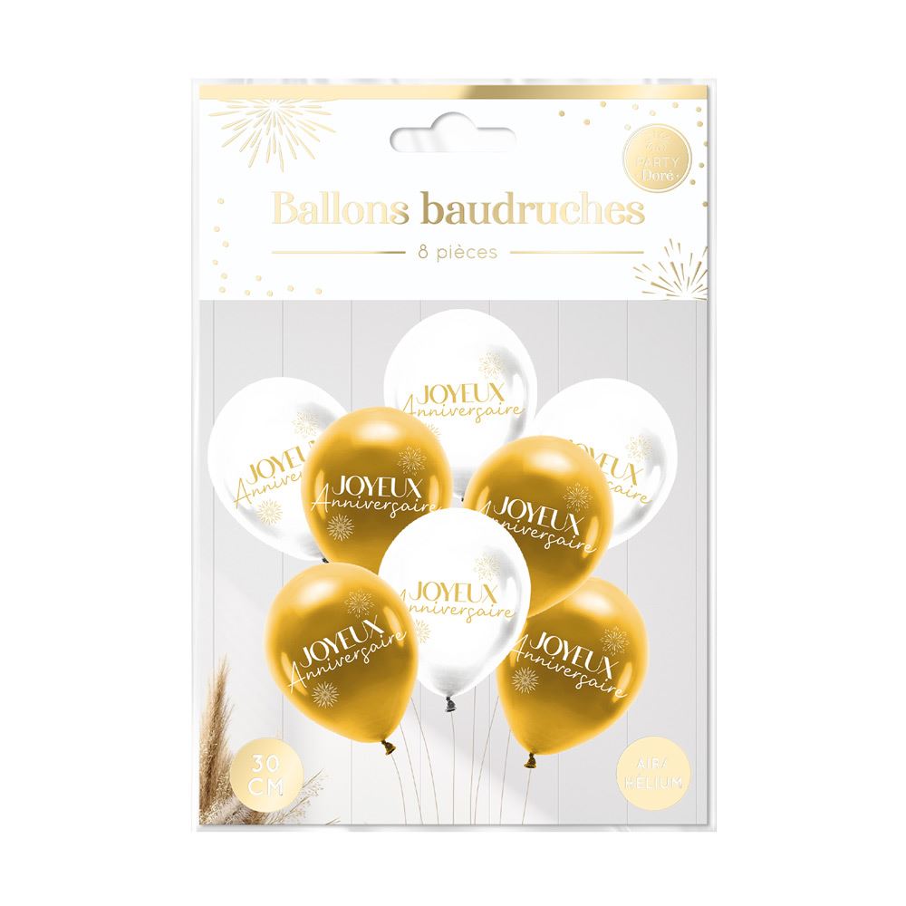 Sachet 8 ballons party dore
