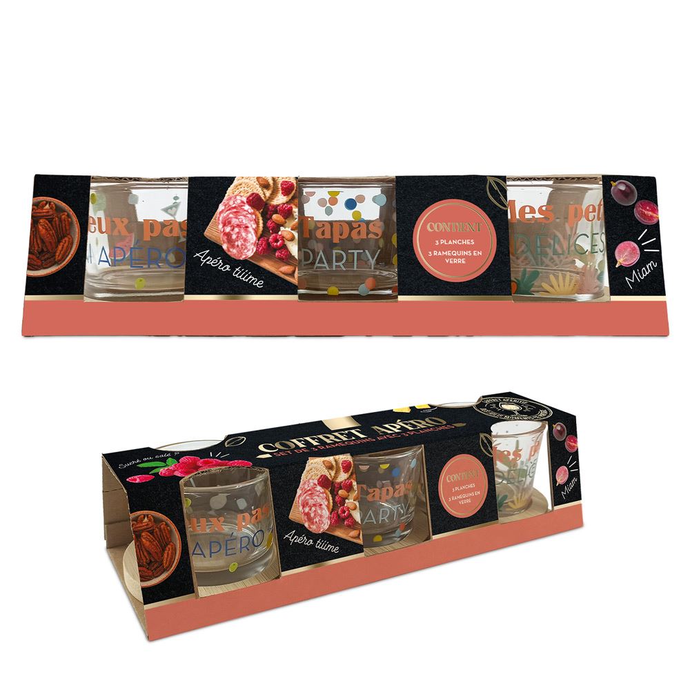 Coffret service apero 3 ramequins 3 planches
