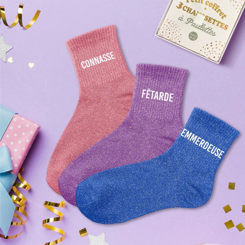 Coffret trio chaussettes paillettes connasse