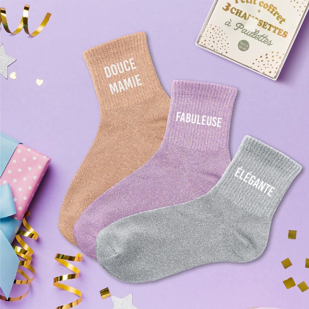 Coffret trio chaussettes paillettes douce mamie