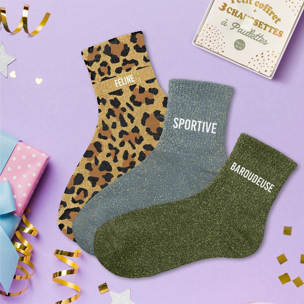 Coffret trio chaussettes paillettes feline