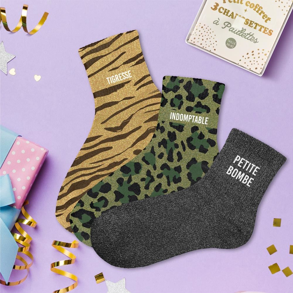 Coffret trio chaussettes paillettes tigresse
