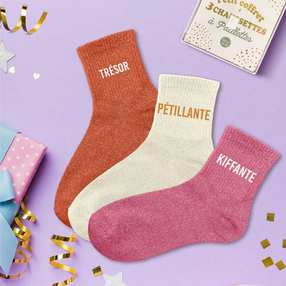 Coffret trio chaussettes paillettes tresor