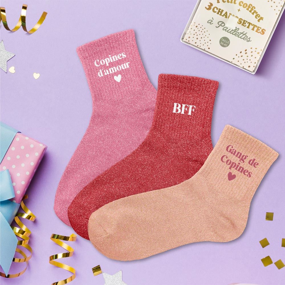 Coffret trio chaussettes paillettes copines d amour