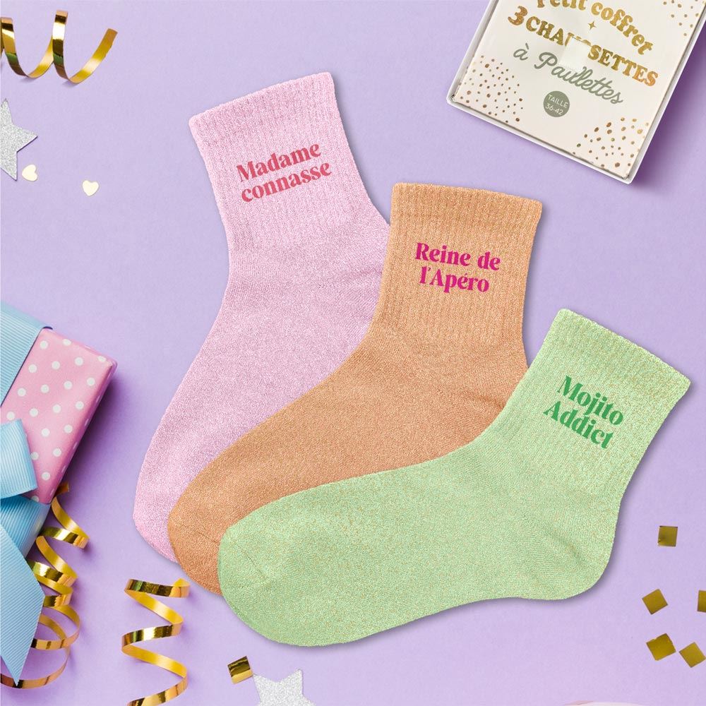 Coffret trio chaussettes paillettes madame connasse