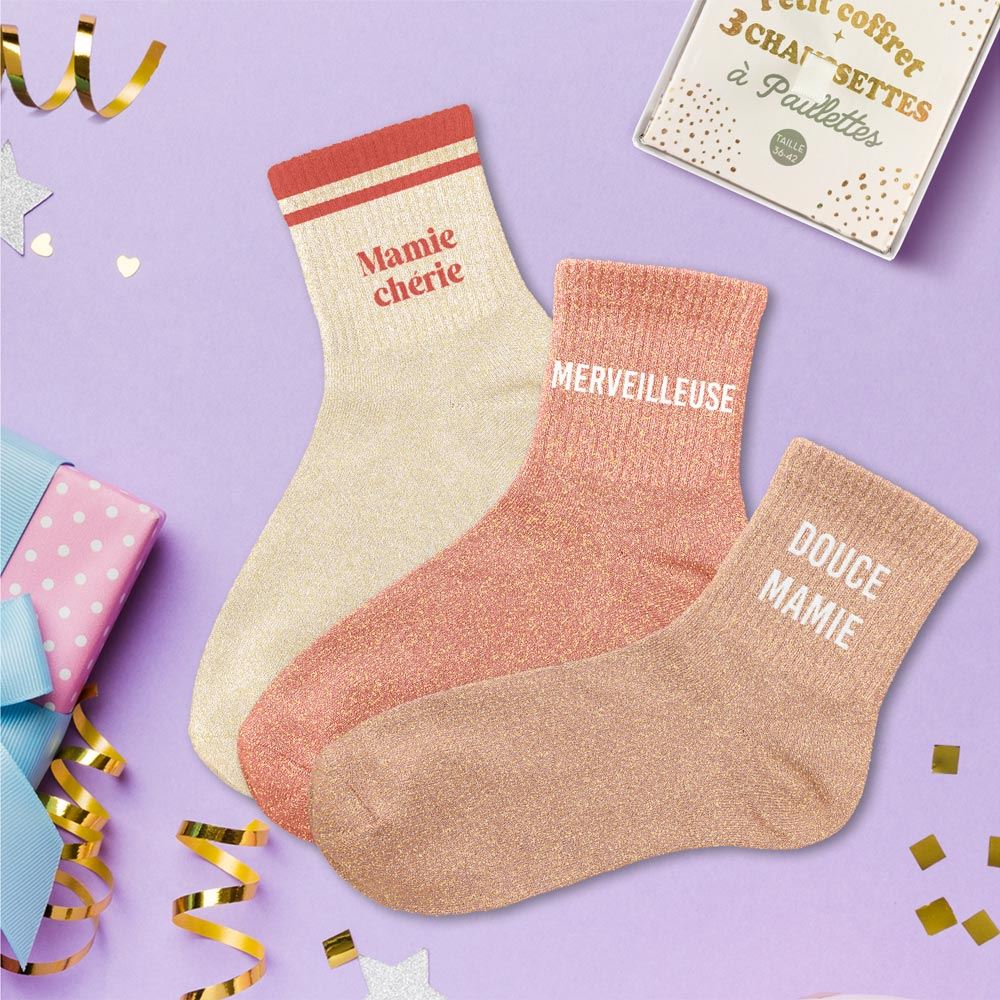 Coffret trio chaussettes paillettes mamie cherie