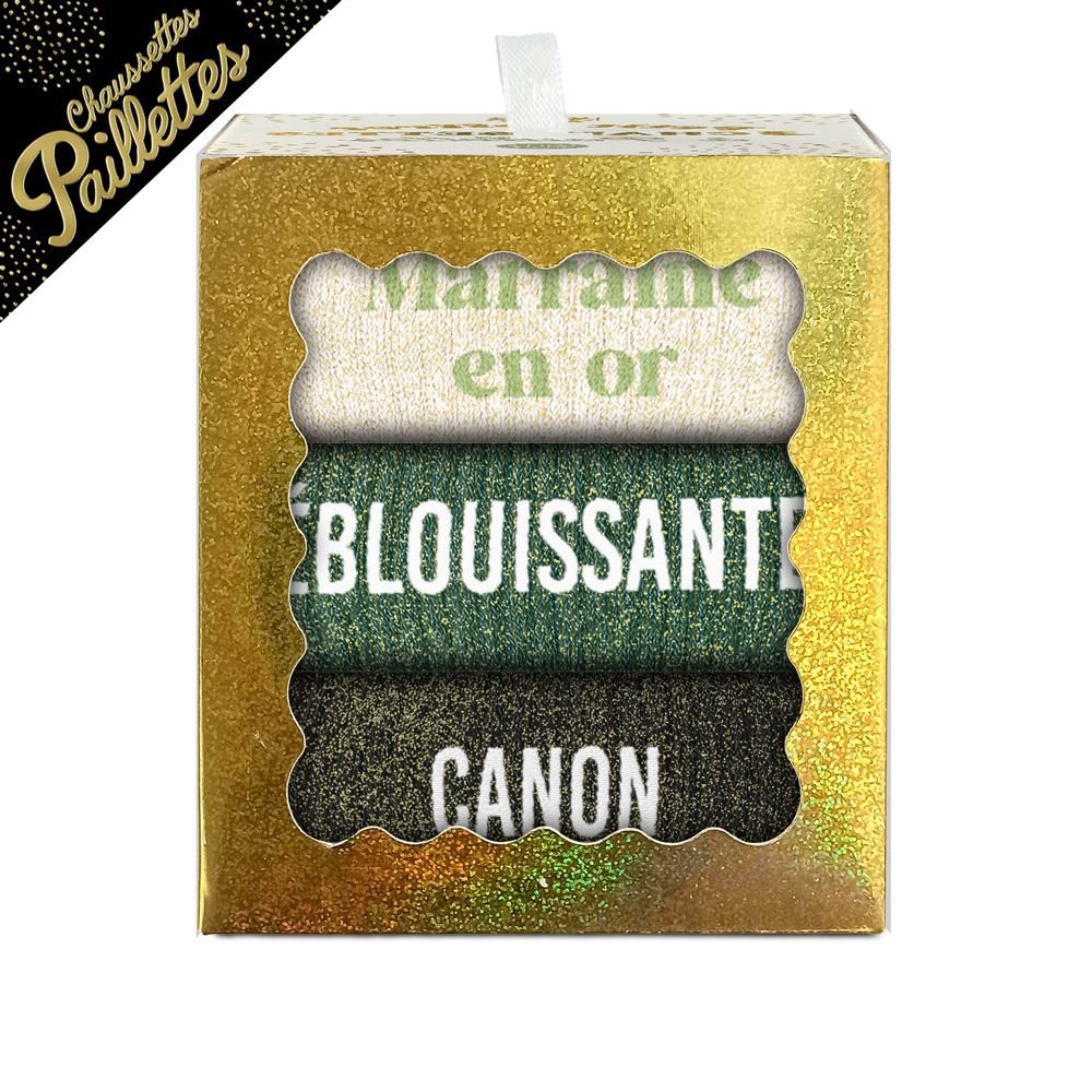 Coffret trio chaussettes paillettes marraine en or