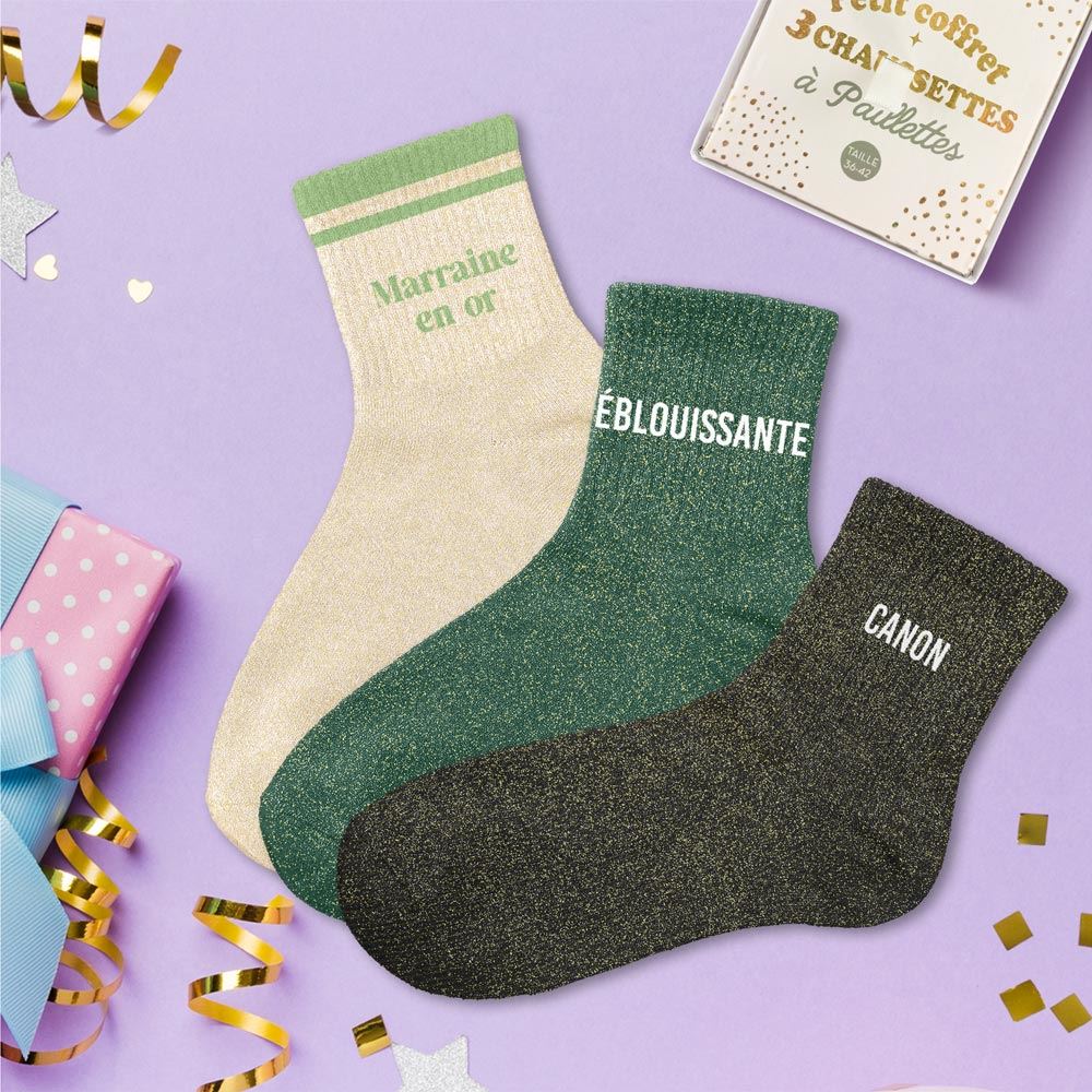 Coffret trio chaussettes paillettes marraine en or