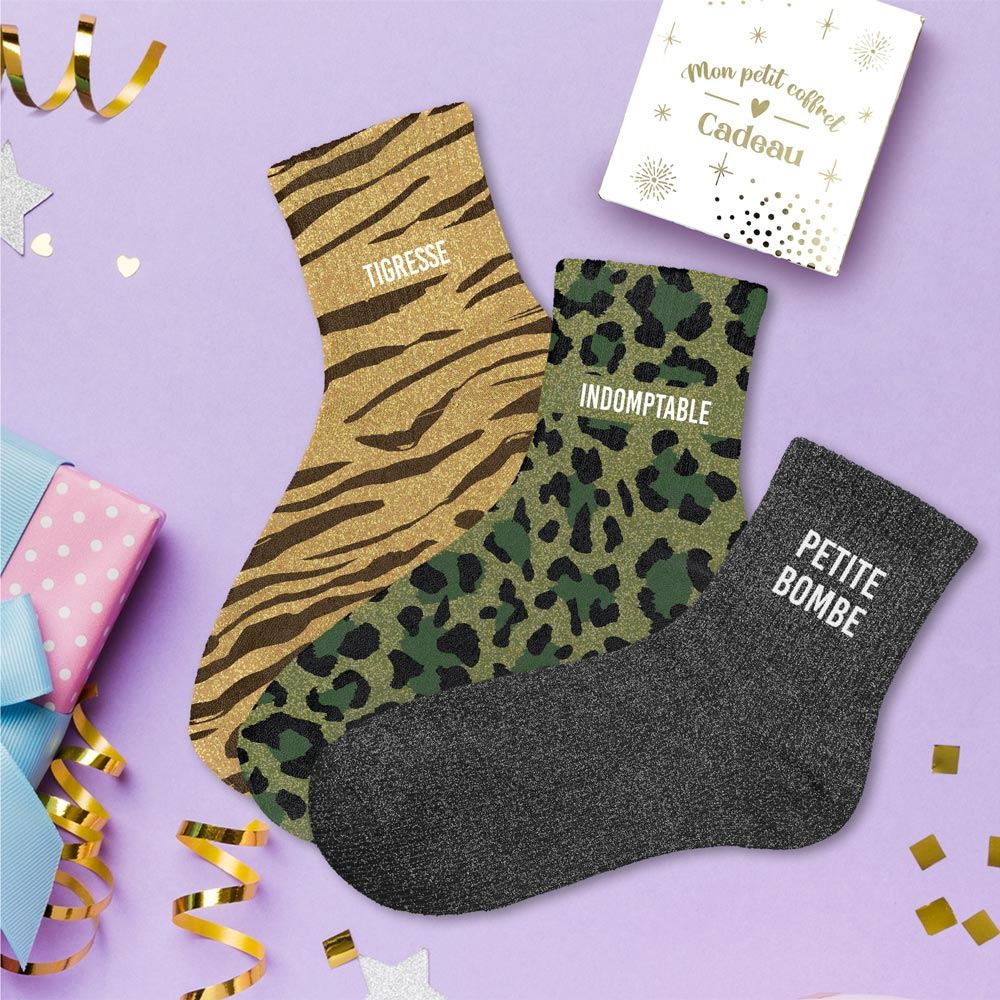 Coffret trio chaussettes paillettes tigresse
