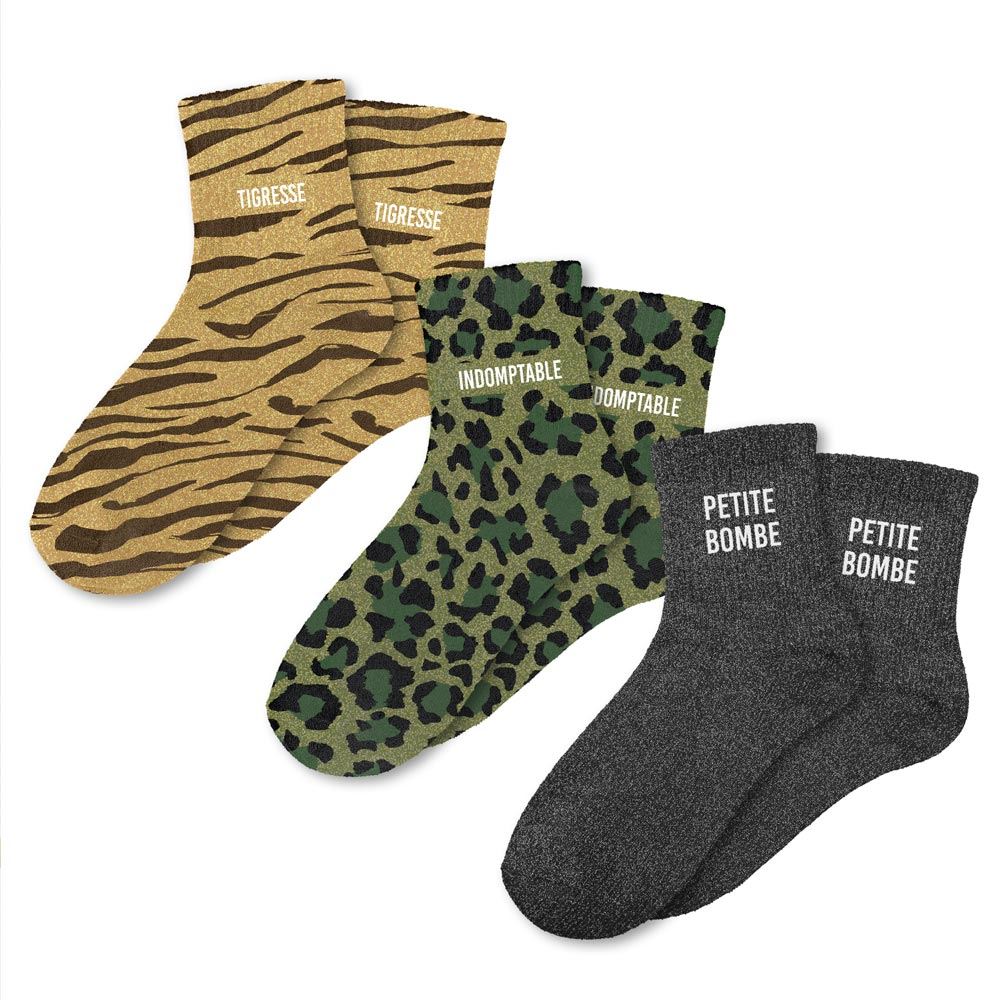 Coffret trio chaussettes paillettes tigresse
