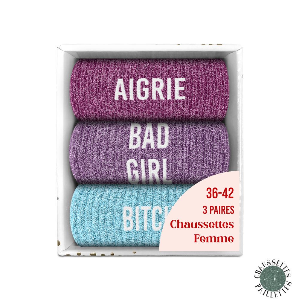 Coffret trio chaussettes paillettes aigrie
