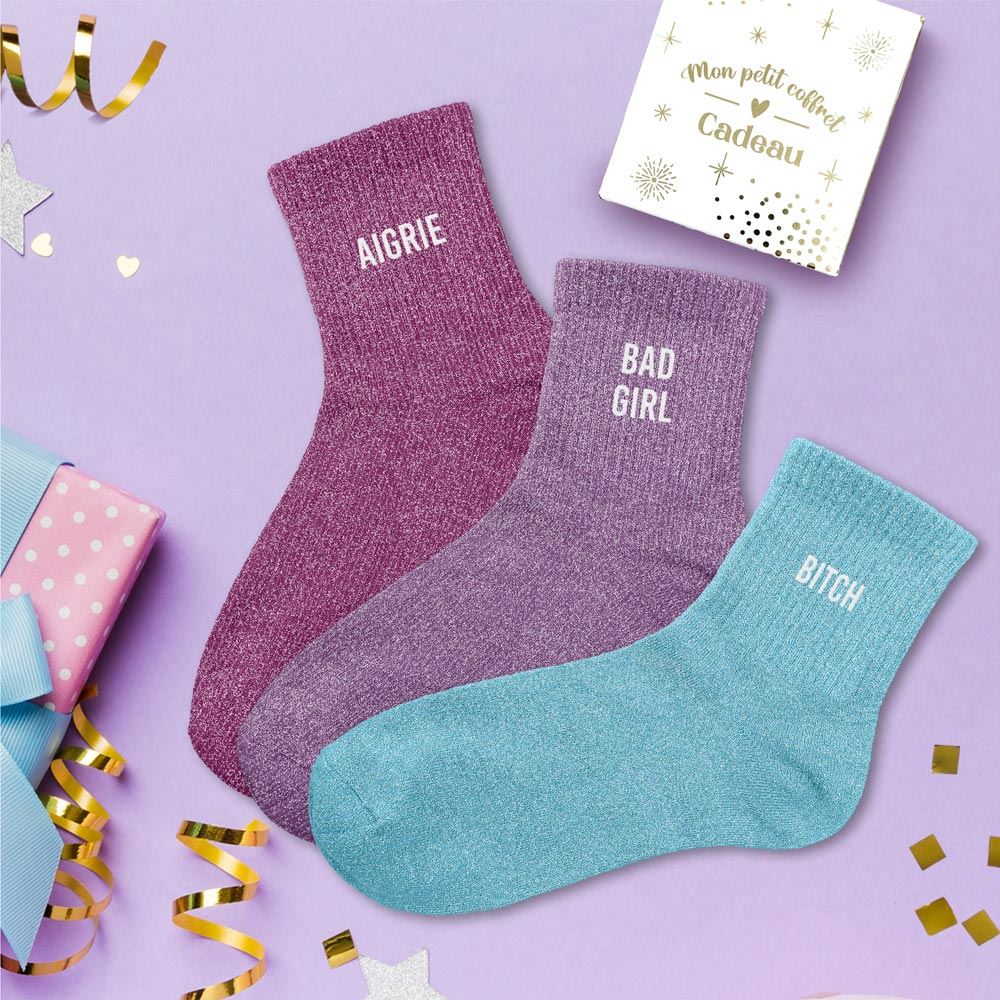 Coffret trio chaussettes paillettes aigrie
