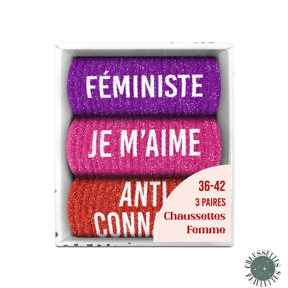 Coffret trio chaussettes paillettes feministe