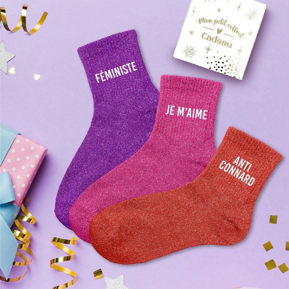 Coffret trio chaussettes paillettes feministe