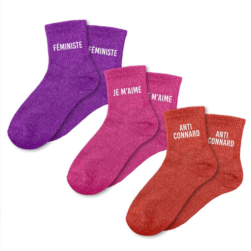 Coffret trio chaussettes paillettes feministe