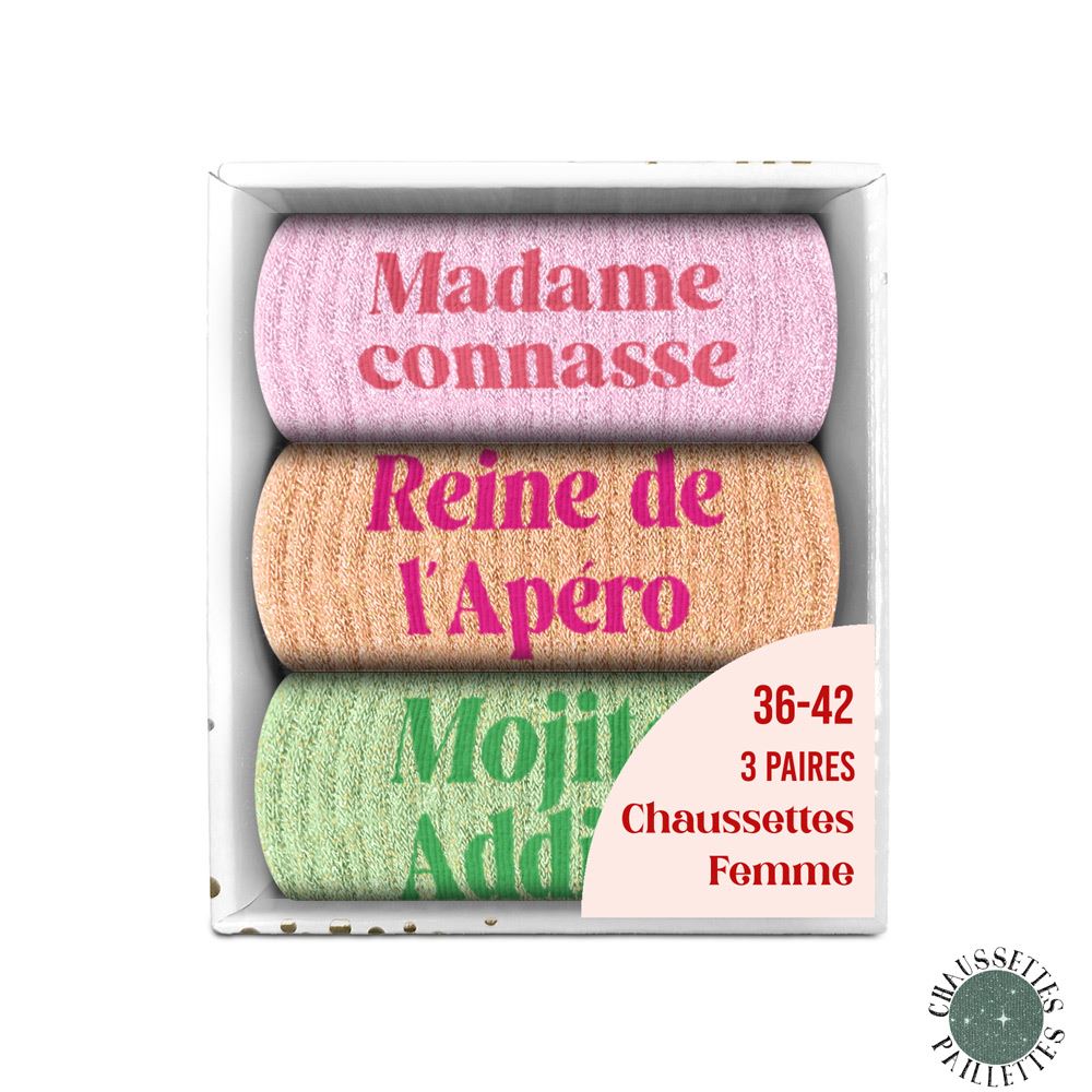 Coffret trio chaussettes paillettes madame connasse