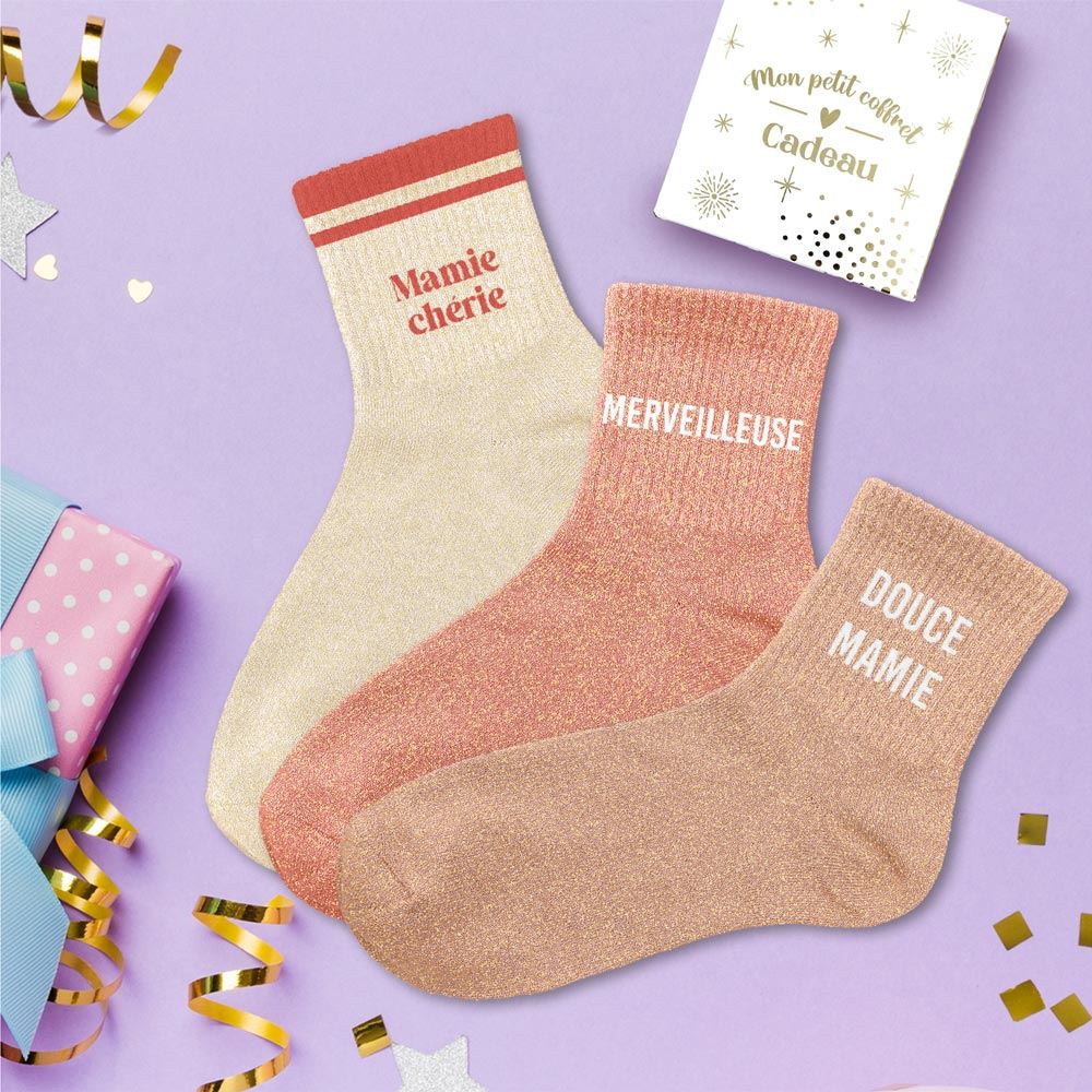 Coffret trio chaussettes paillettes mamie cherie