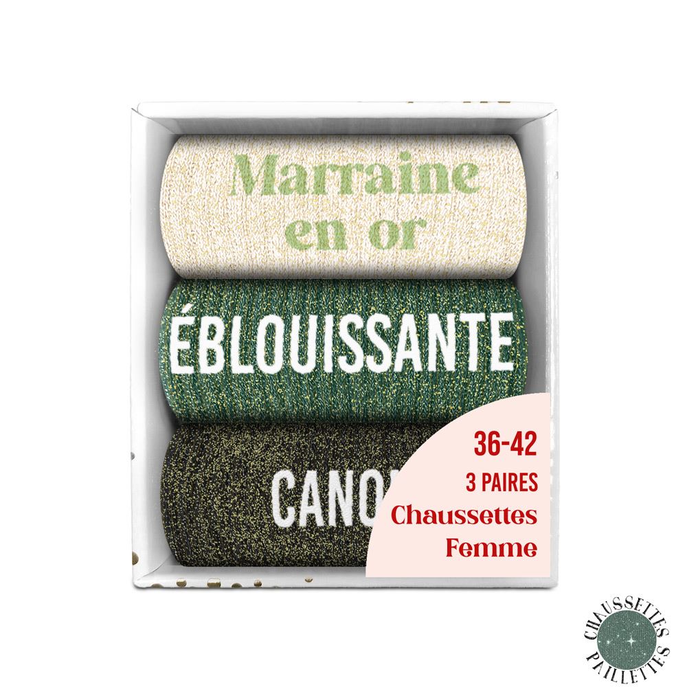 Coffret trio chaussettes paillettes marraine en or