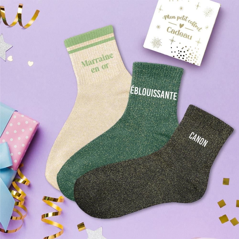 Coffret trio chaussettes paillettes marraine en or