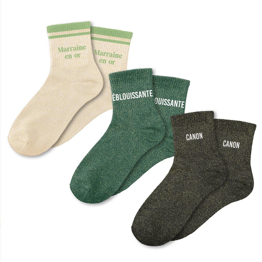 Coffret trio chaussettes paillettes marraine en or