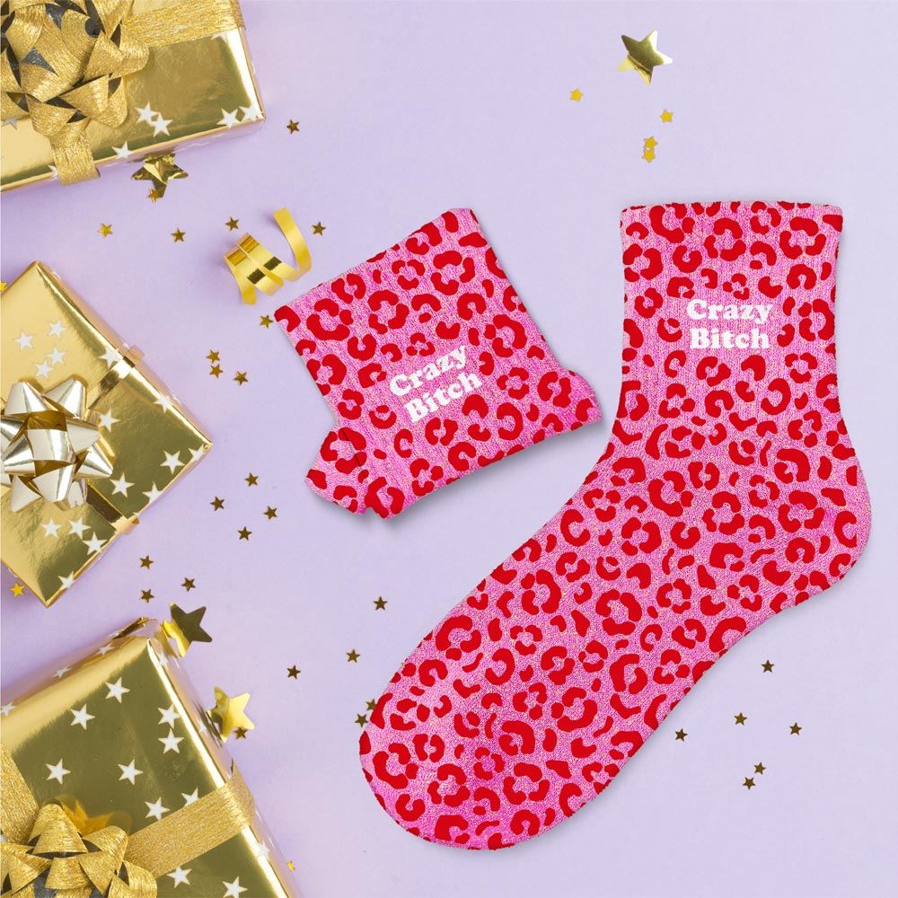 Chaussettes paillettes leopard crazy bitch