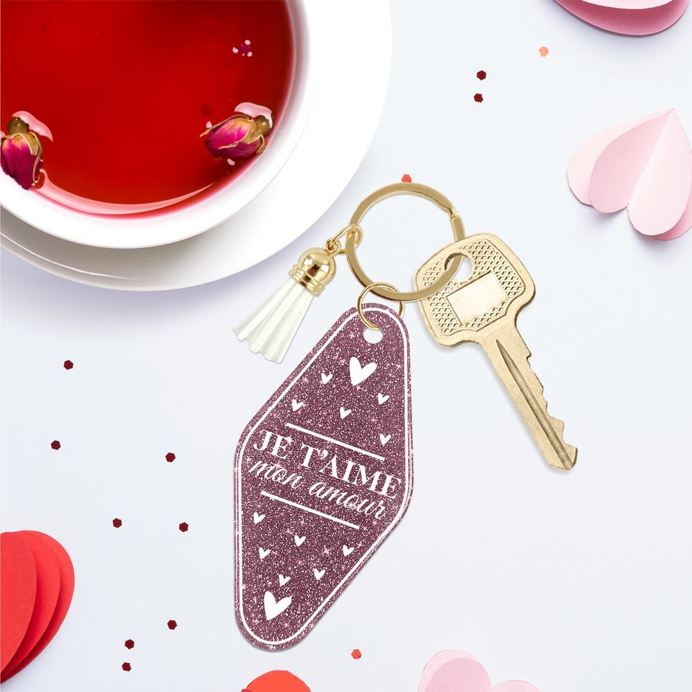 Porte-cles motel paillettes "je t aime mon amour" femme