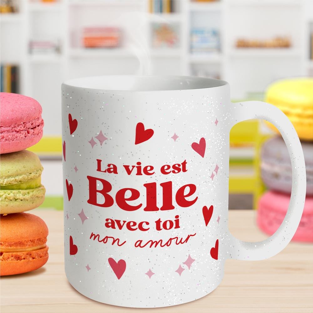 Mug a paillettes la vie est belle saint valentin 
