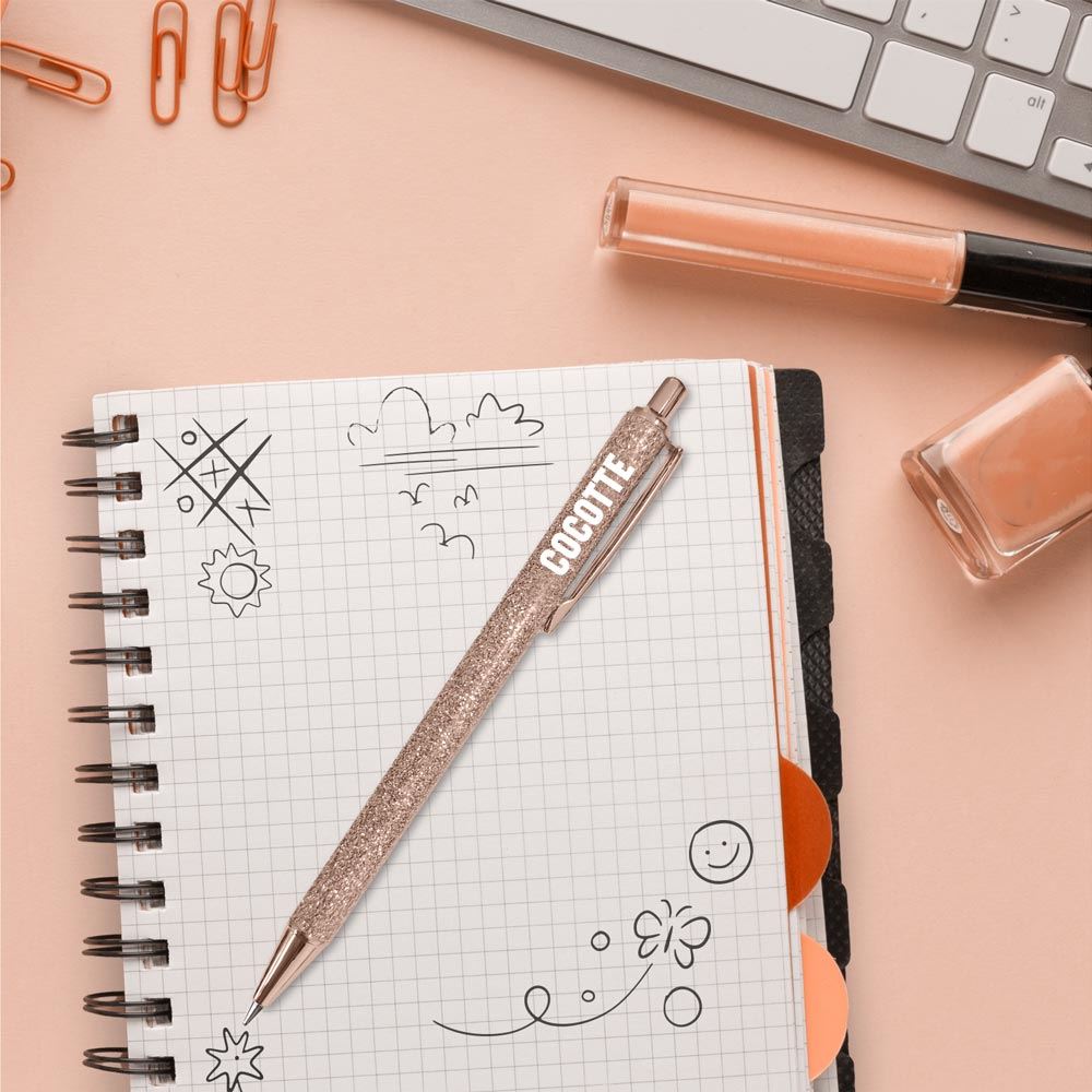 Stylo a paillettes rose gold cocotte