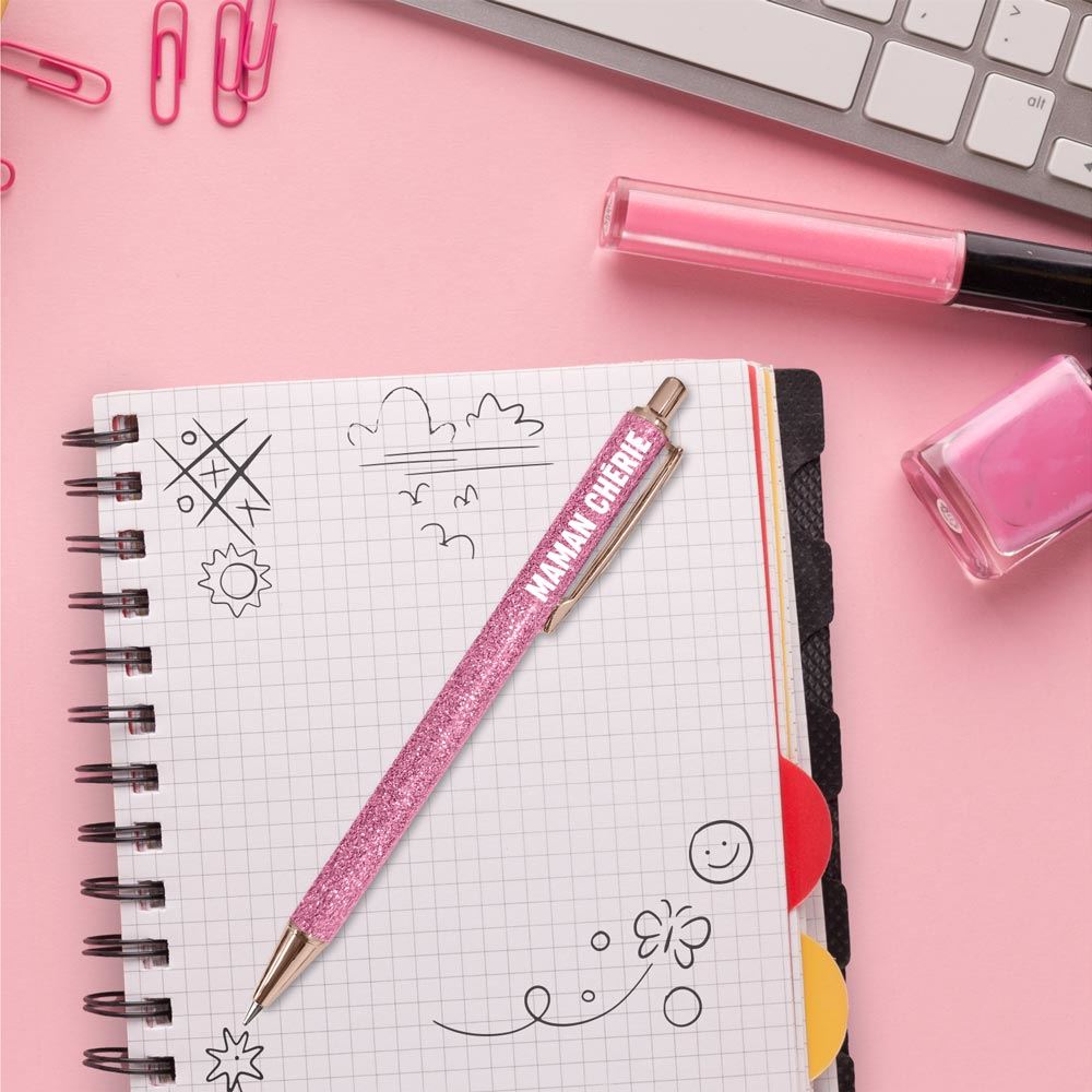 Stylo a paillettes rose maman cherie