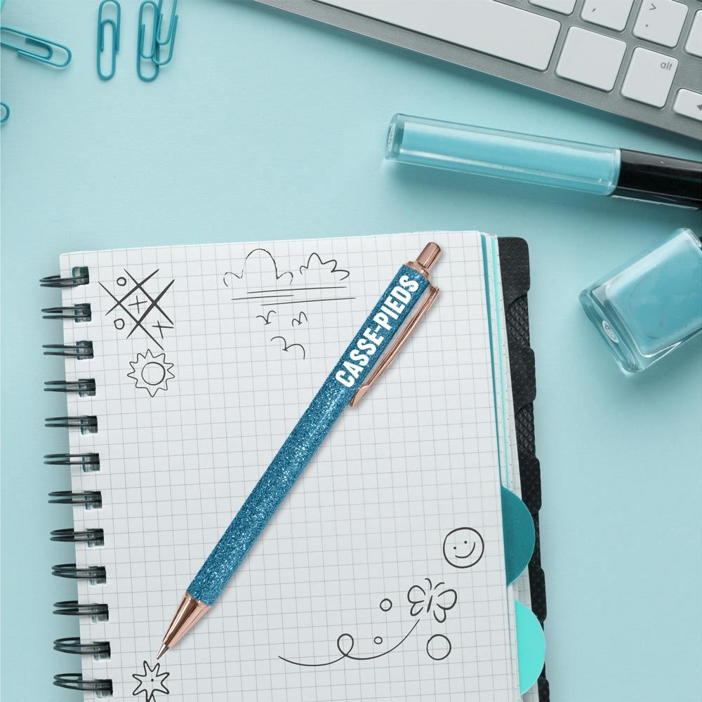 Stylo a paillettes bleu casse pieds