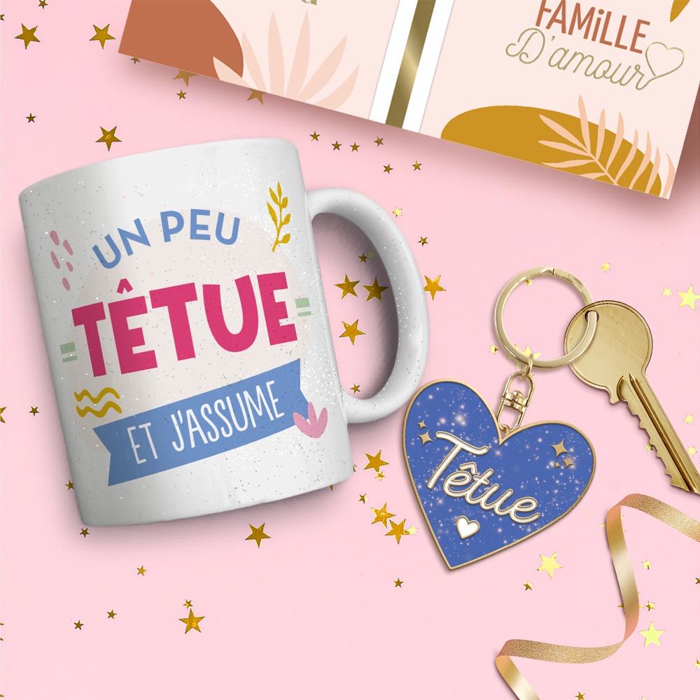 Coffret mug porte cles paillettes tetue