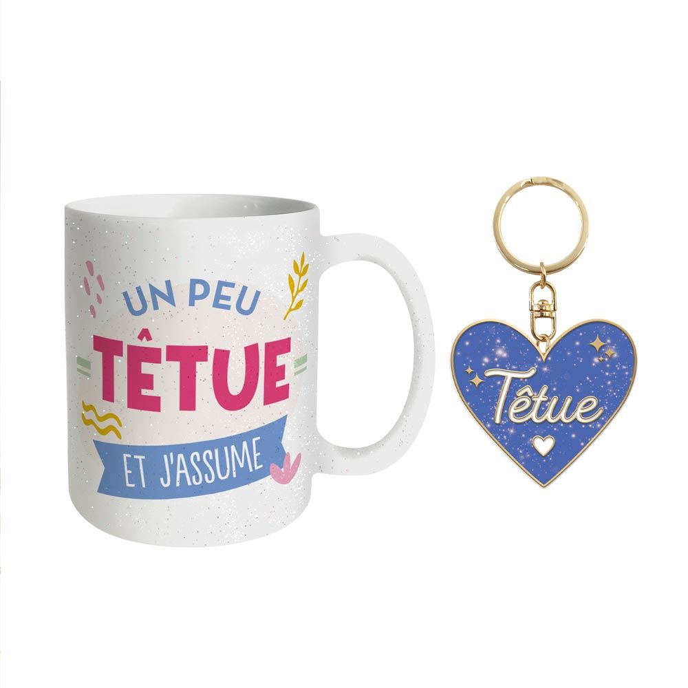 Coffret mug porte cles paillettes tetue