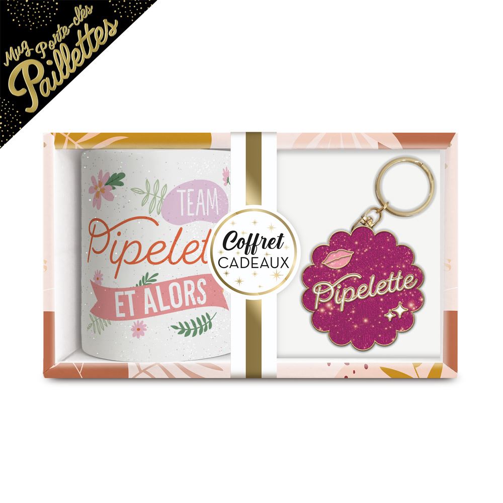 Coffret mug porte cles paillettes pipelette
