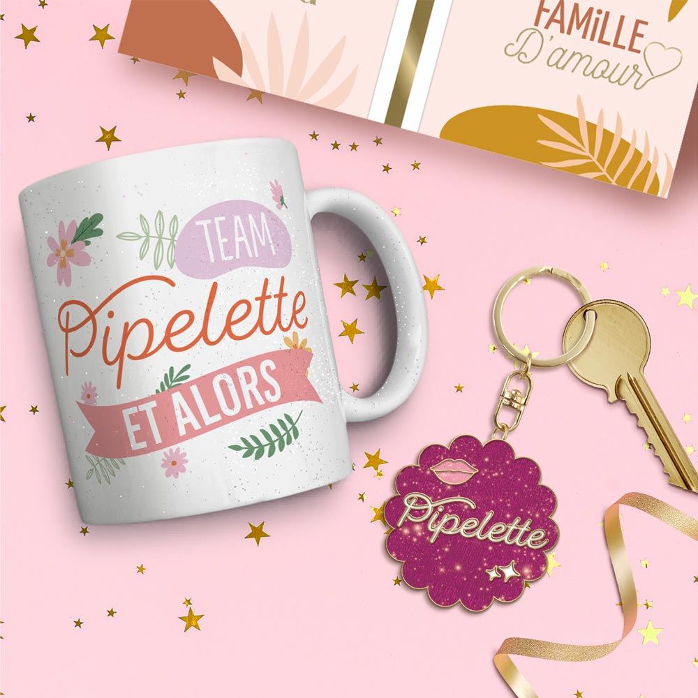 Coffret mug porte cles paillettes pipelette
