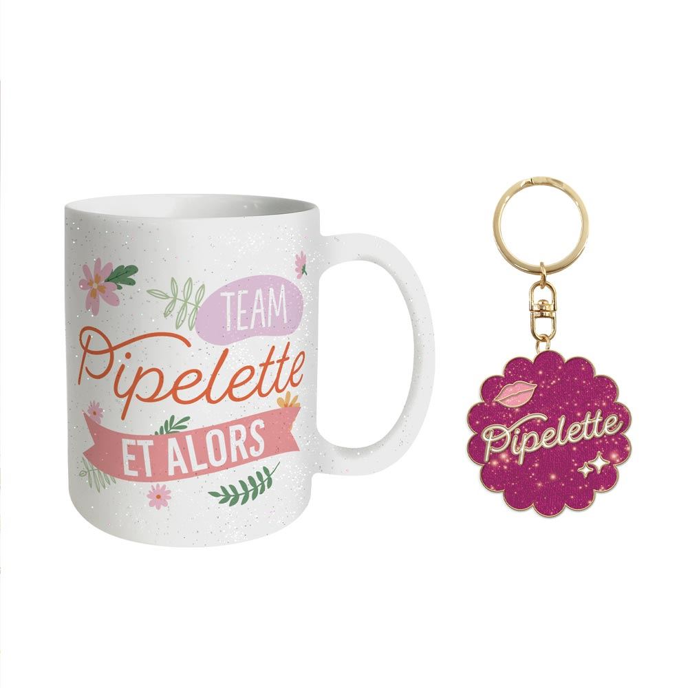 Coffret mug porte cles paillettes pipelette
