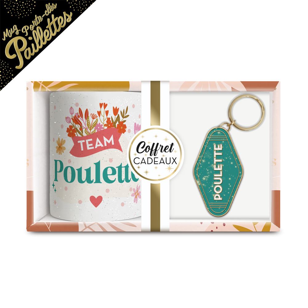 Coffret mug porte cles paillettes poulette
