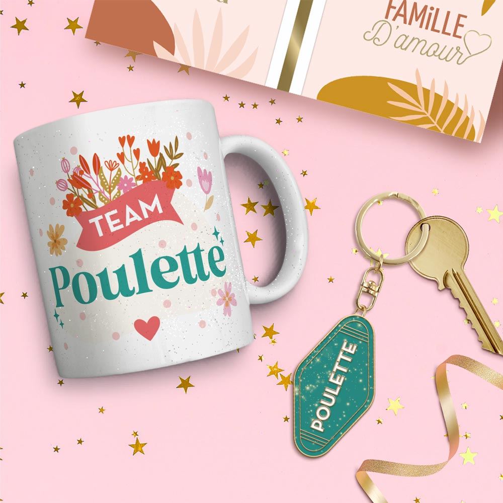 Coffret mug porte cles paillettes poulette
