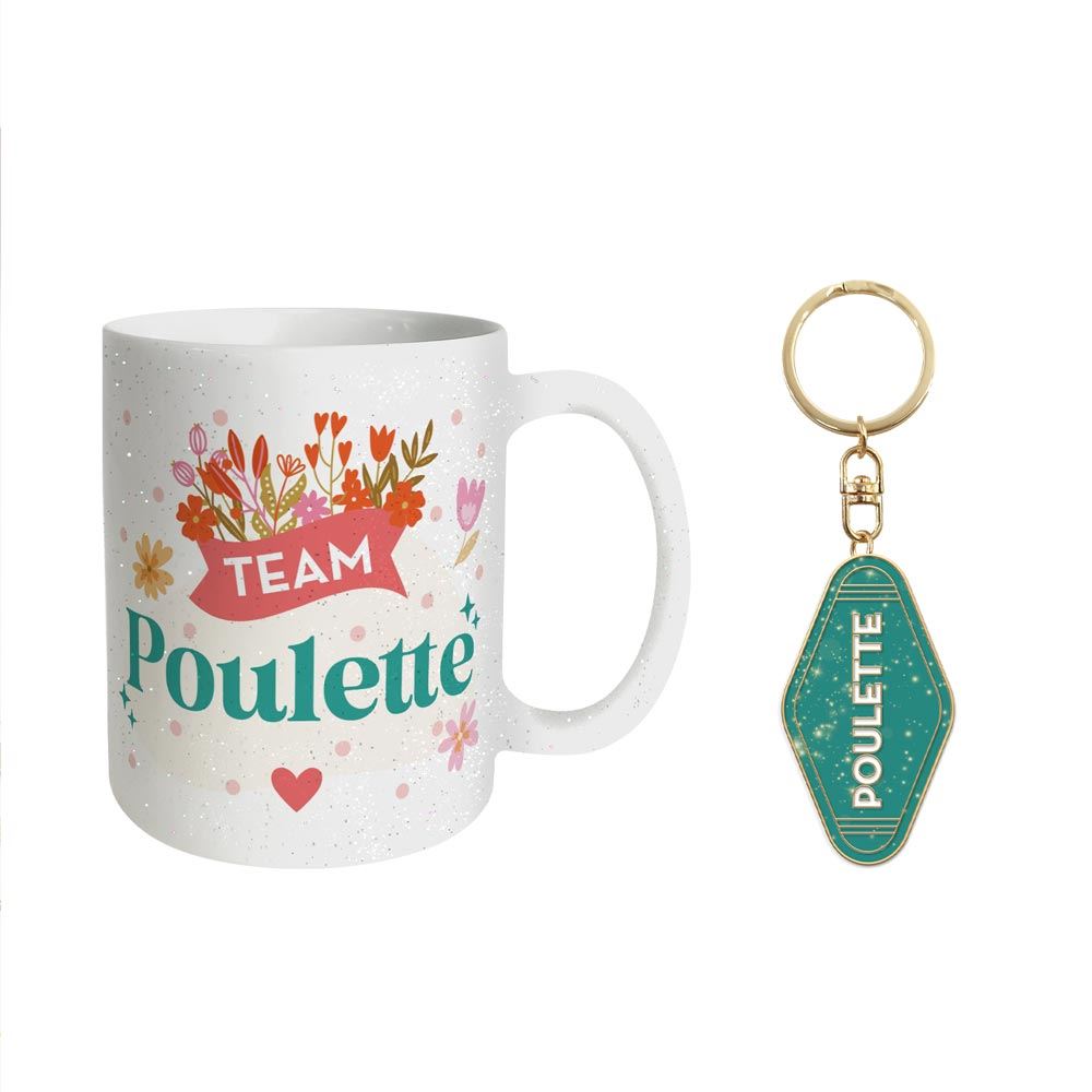 Coffret mug porte cles paillettes poulette
