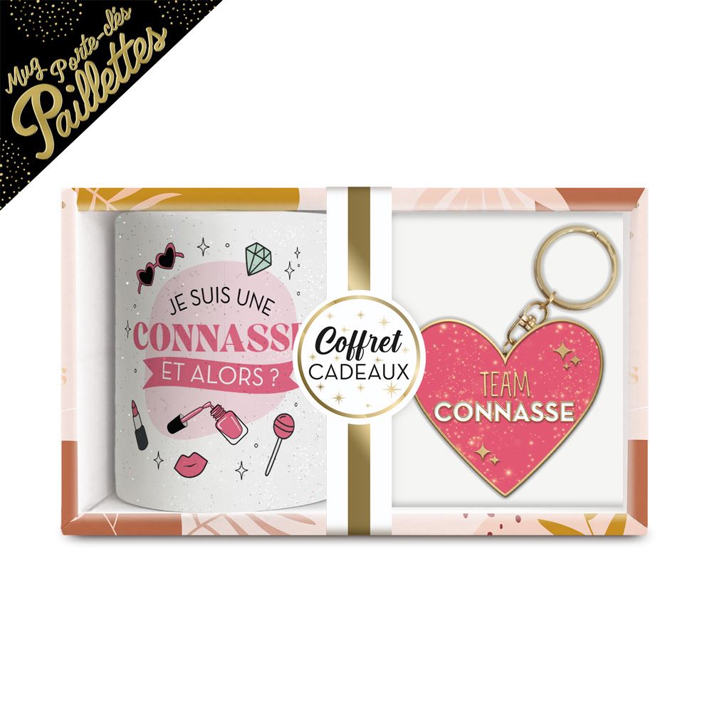 Coffret mug porte cles paillettes connasse
