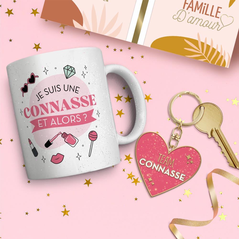 Coffret mug porte cles paillettes connasse
