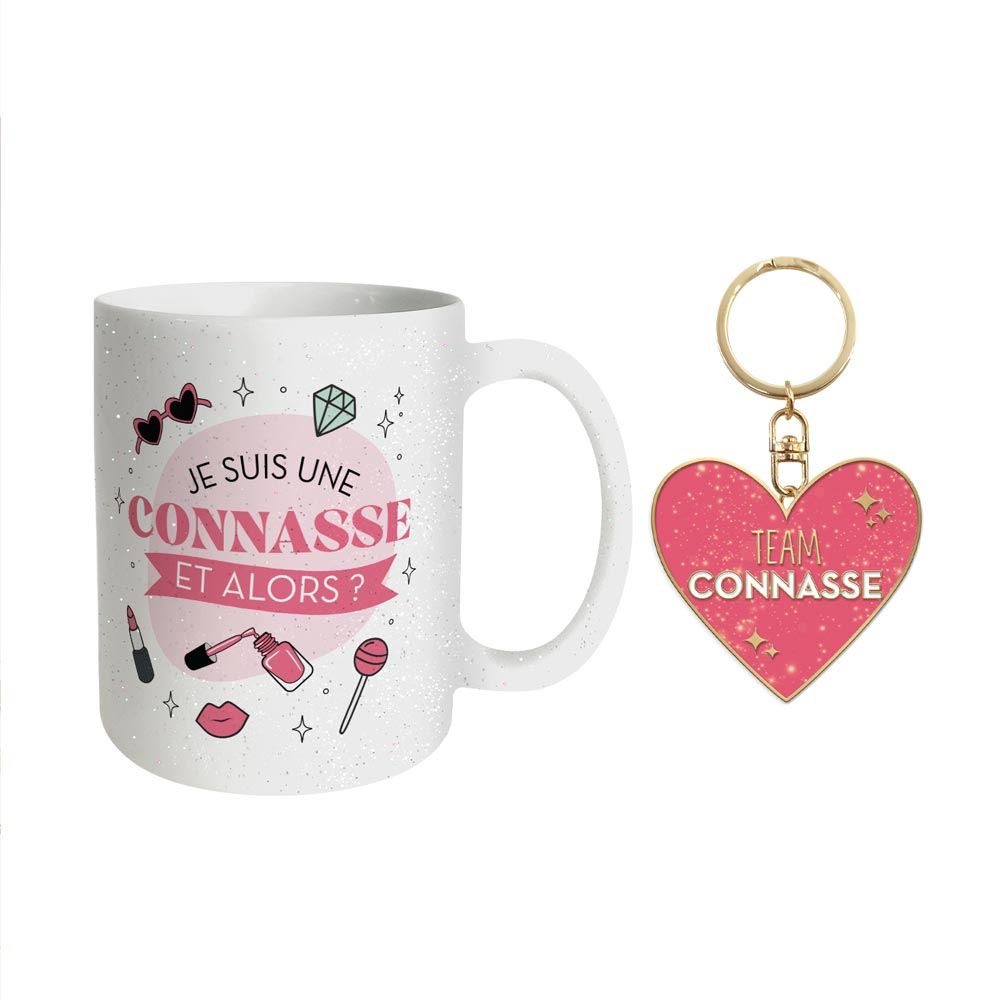Coffret mug porte cles paillettes connasse
