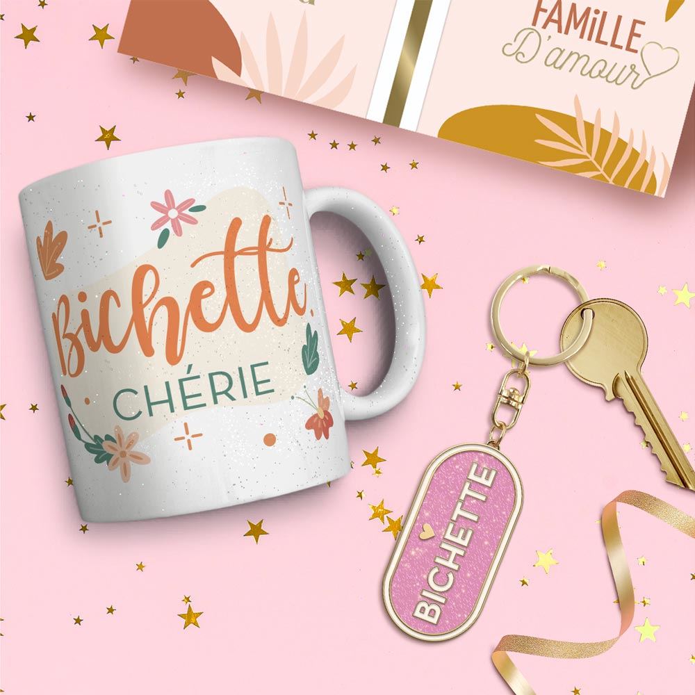 Coffret mug porte cles paillettes bichette

