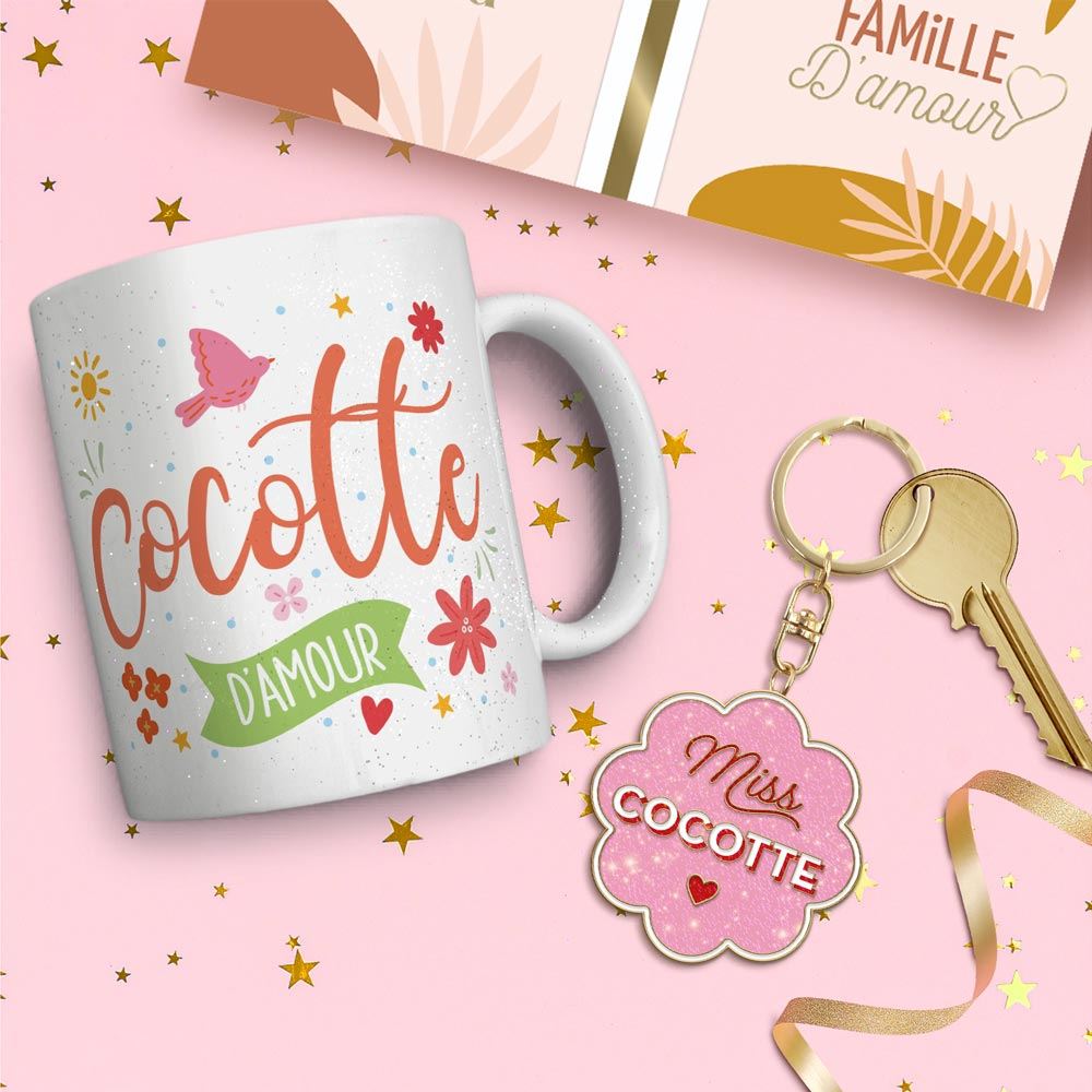 Coffret mug porte cles paillettes cocotte
