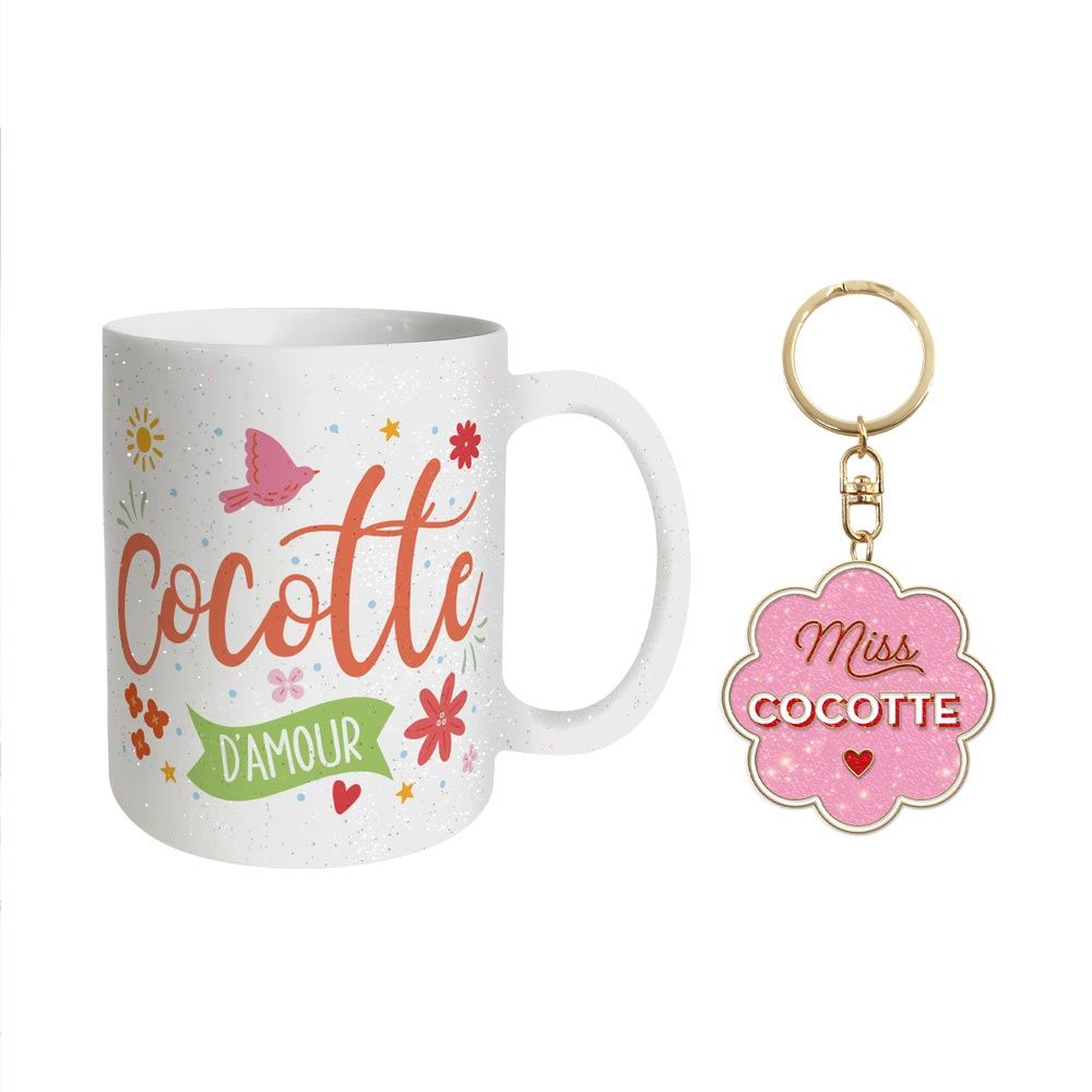 Coffret mug porte cles paillettes cocotte
