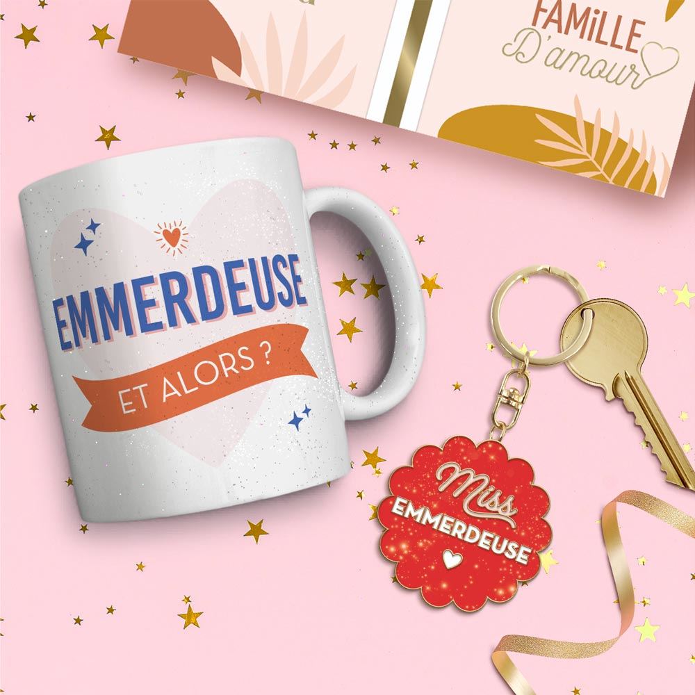 Coffret mug porte cles paillettes emmerdeuse
