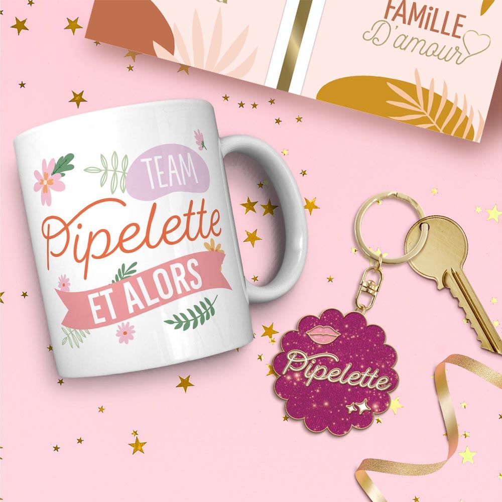 Coffret mug porte cles paillettes pipelette