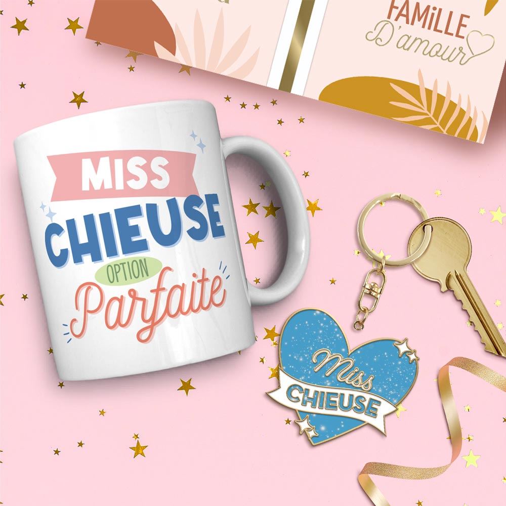 Coffret mug porte cles paillettes chieuse
