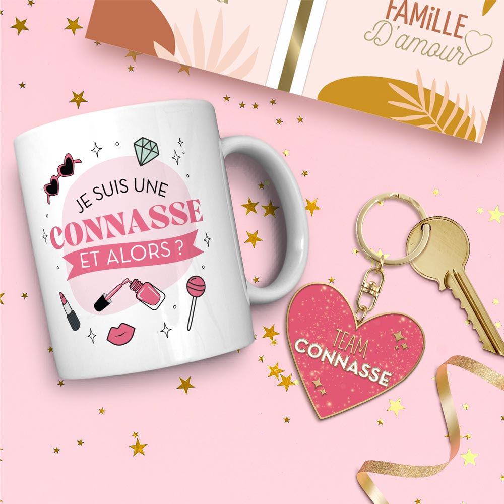 Coffret mug porte cles paillettes connasse

